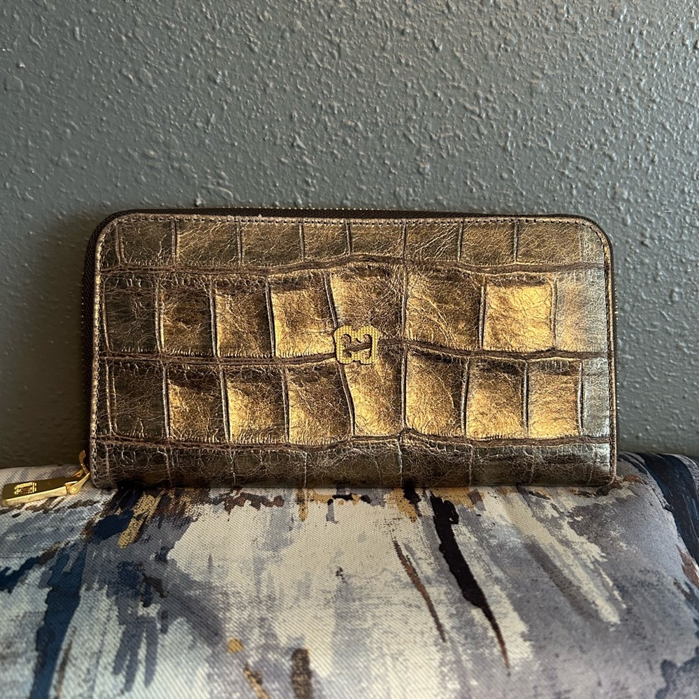 Eric Javits Bronze/Pewter Metallic Crocodile Embossed Wallet